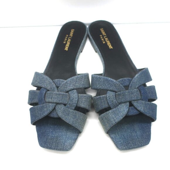Saint Laurent Denim Tribute Flat Sandals Blue Size 39 Open Toe Mules - Picture 3 of 10